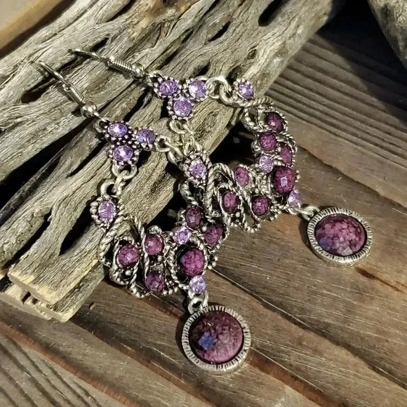 Vintage 90s Lacy Fancy Purple Antique Silver Acrylic Crystal Dangle Earrings - Picture 3 of 8